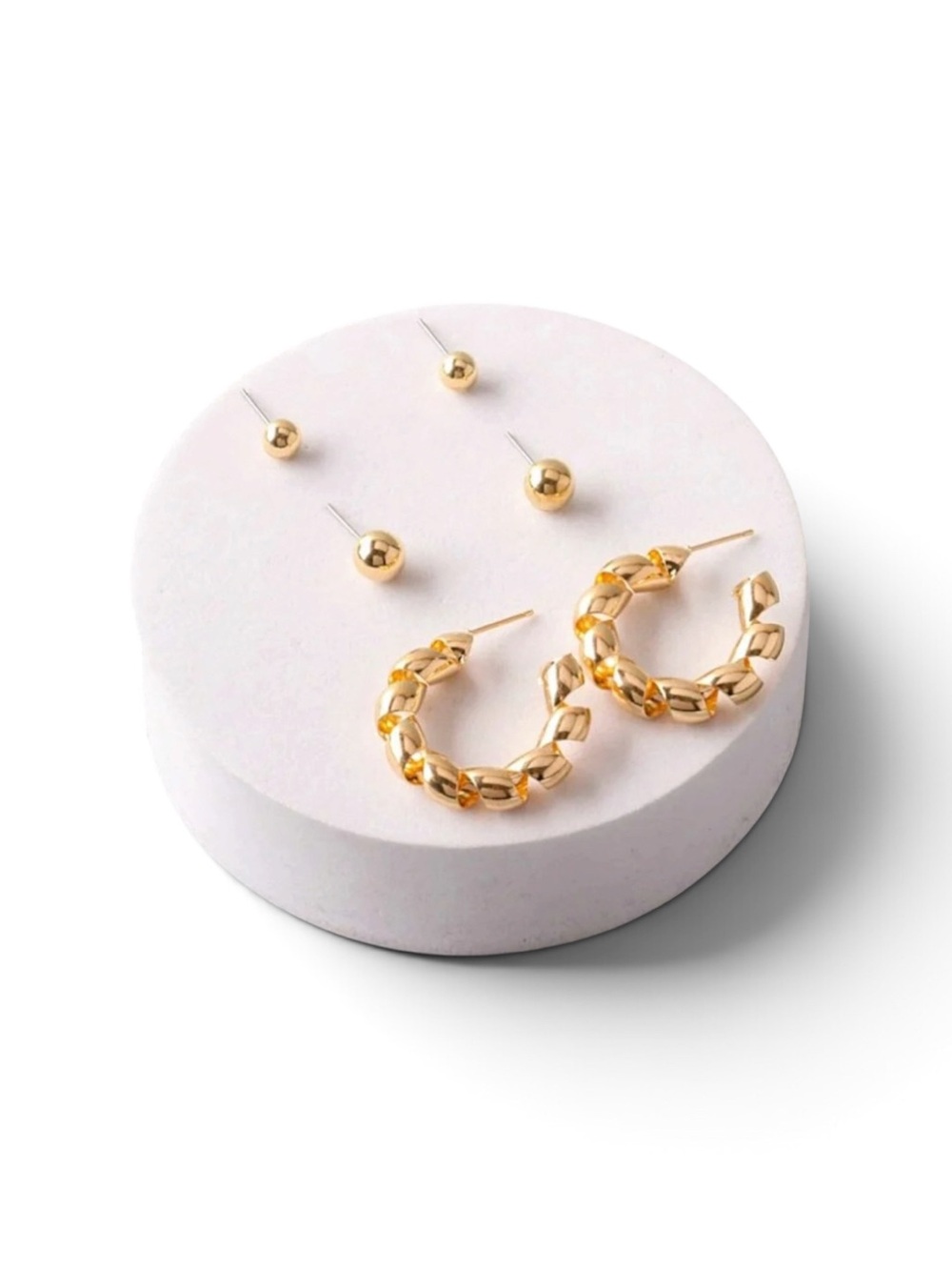 Gold Braided Hoop and Ball Stud Earring 3 Set - Women Jewelry